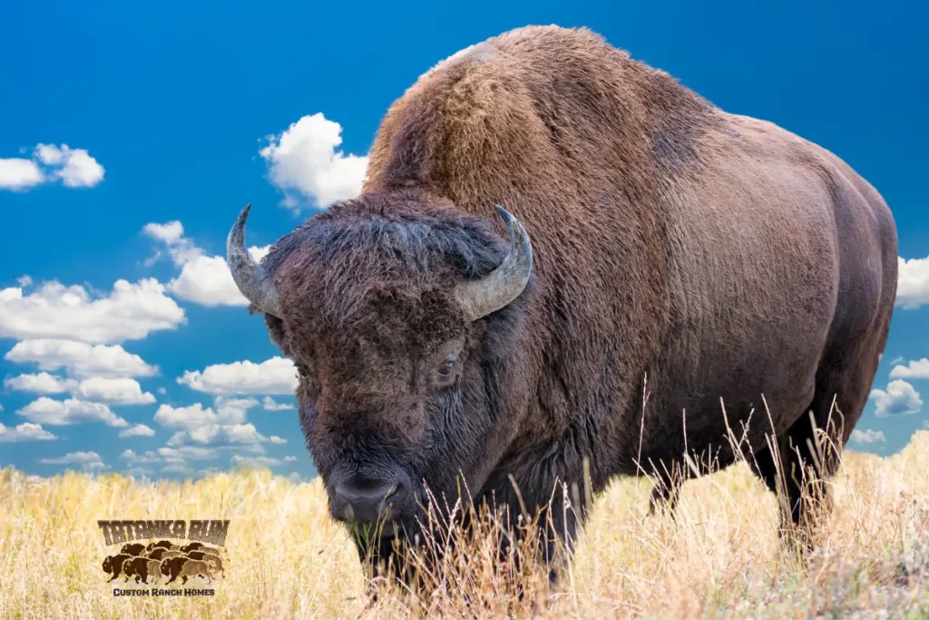 Photo of a buffalo with blue skies and light clouds in background