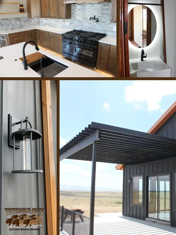 4-frame image of a newly built home at Tatanka Run featuring a custom kitchen and patio