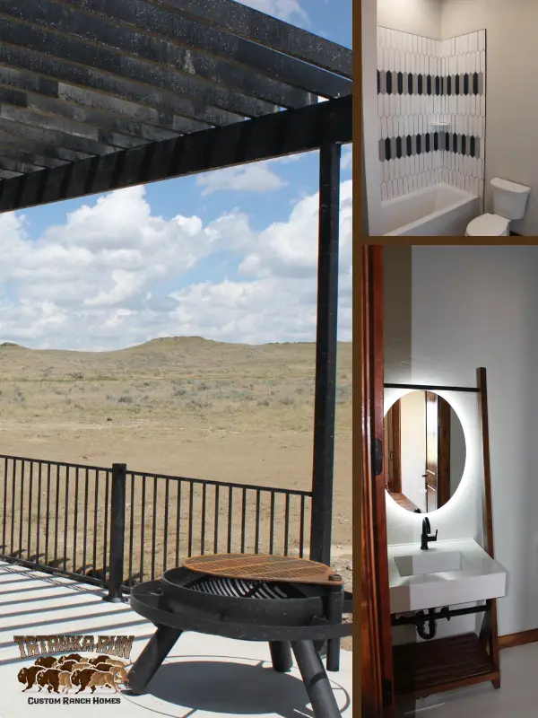 3-frame image of a patio with pergola, a full bath and one half-bath