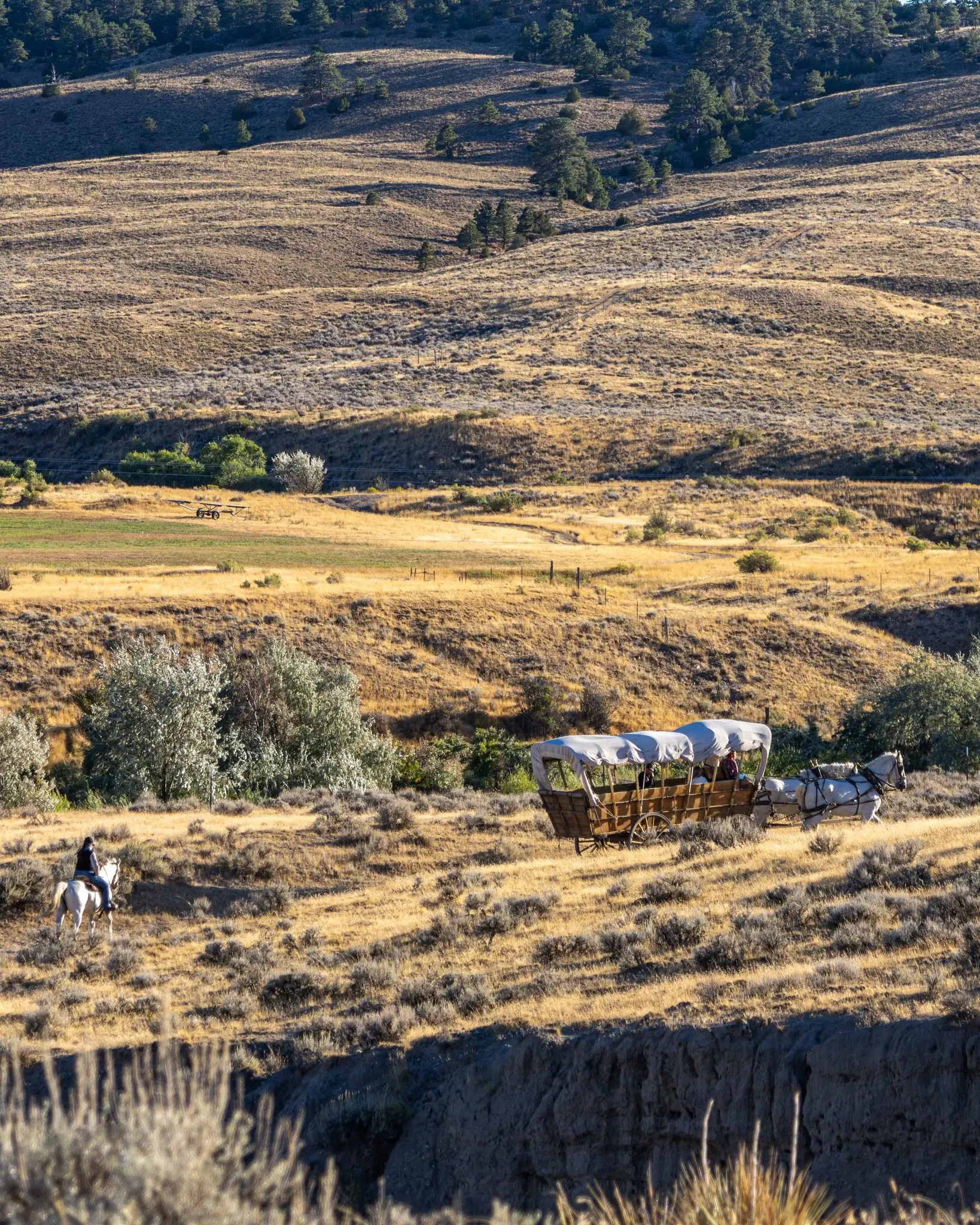 Image of a Wyoming landscape with people enjoying a covered wagon experience